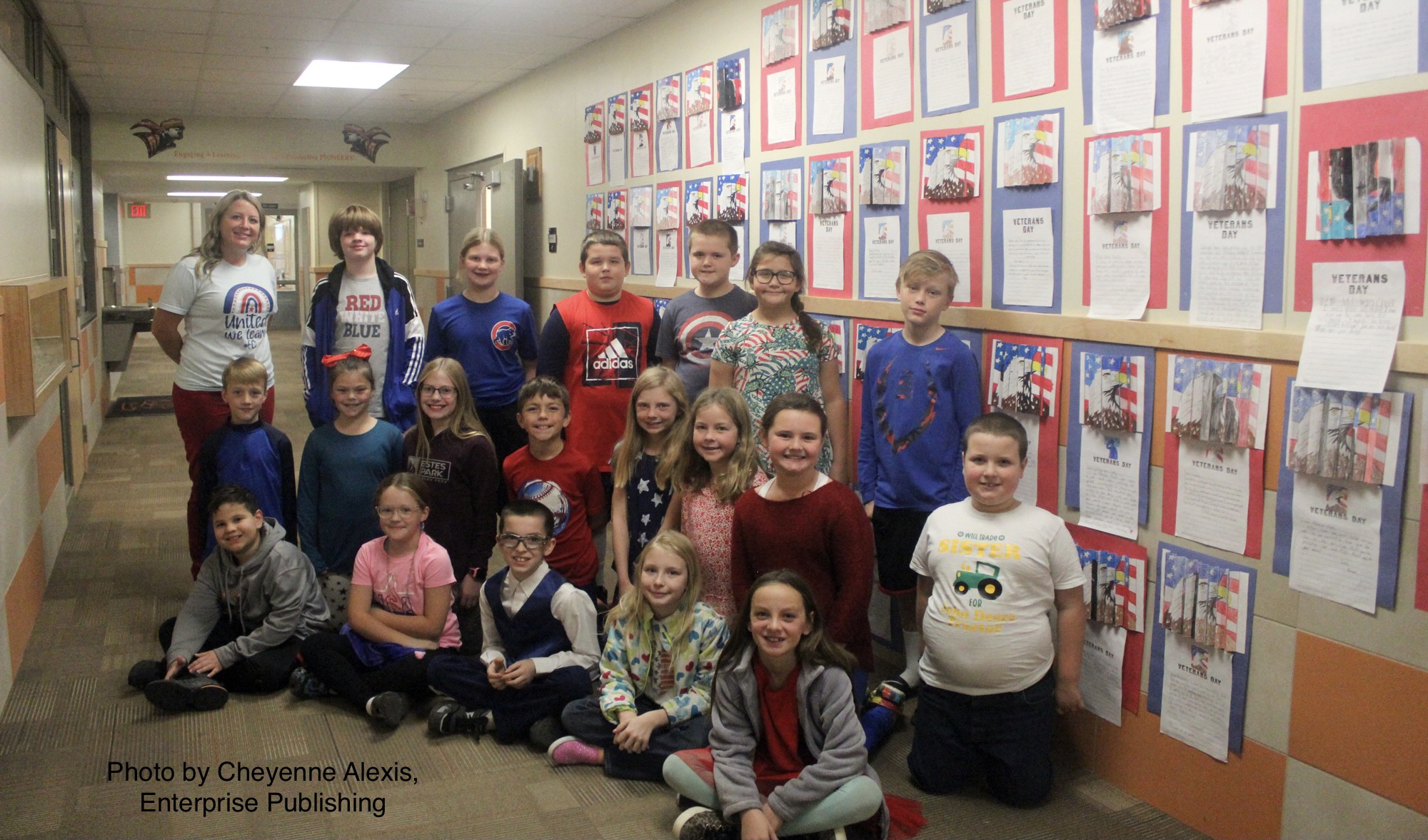Kathryn Omer's fourth grade class created agamographs for Veterans Day. Pictured front from left, Shawn Russell, Camryn Christensen, Gerald Taylor, Luca Slatten and Samantha Waters. Middle row from left, Wesley Bahle, Elaina Keough, Claire Husk, Camden Dowling, Dylen Iwen, Kaelyn Bryan, Kaitlyn Gochanour and Dustin Smith. Back row from left, Omer, Jagger Smith, Tinsley Ross, Hunter Colburn, Beau Theyer-Menke, Emma Roberts and Tyson Knight.