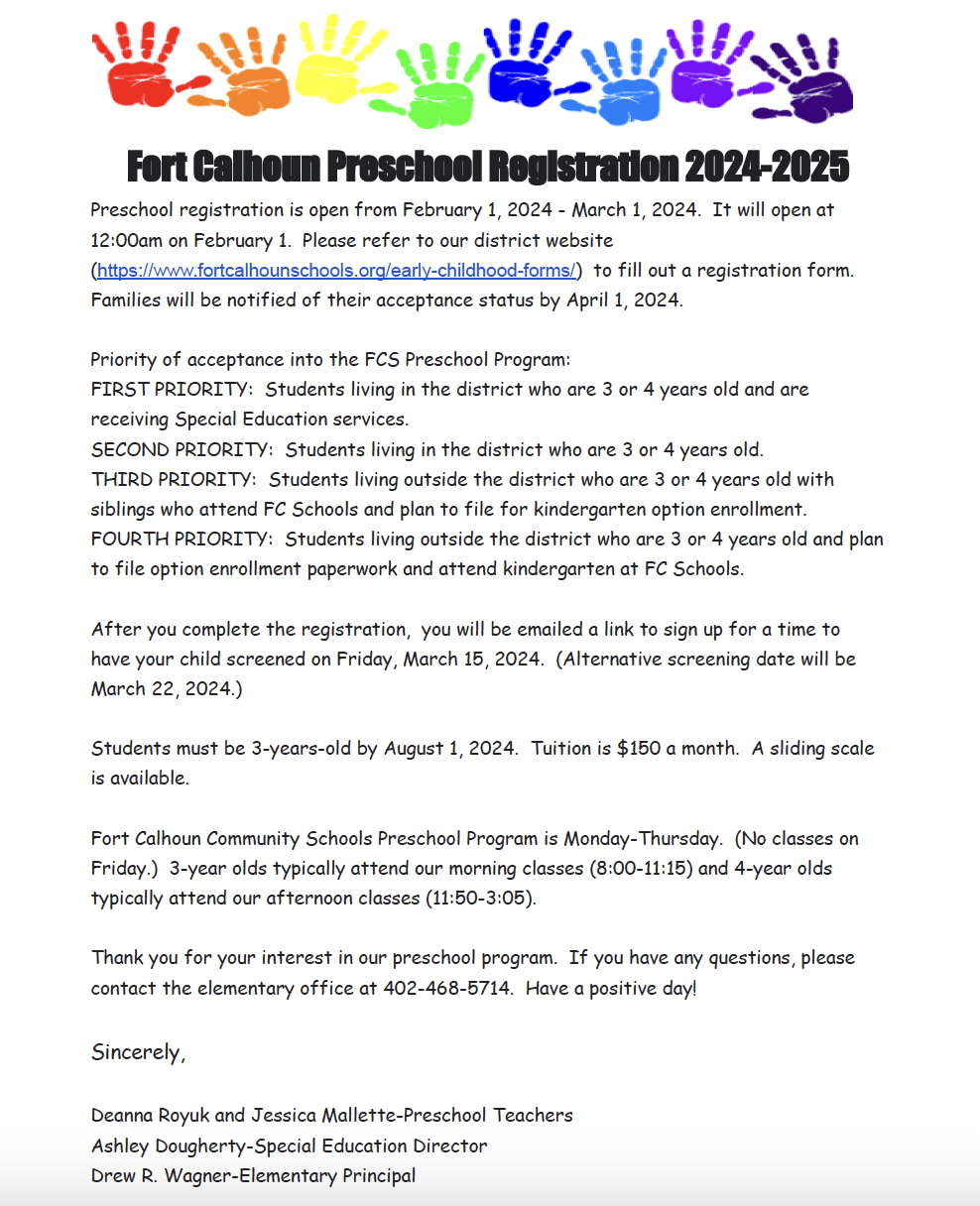 Preschool Registration 2025-2025 – Fort Calhoun Community Schools